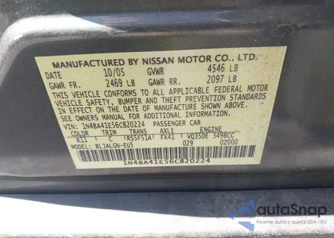 2006 Nissan Maxima 3.5 Sl z USA, uszkodzony, nr VIN 1N4BA41E56C820224